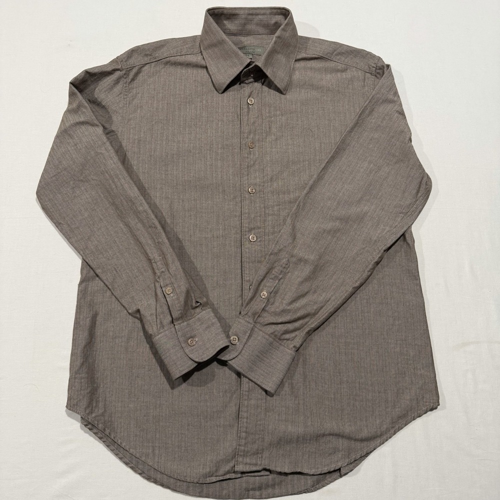Marzotto Lab Mens Large Button Up Shirt Made in Italy Brown Herringbone Twill L